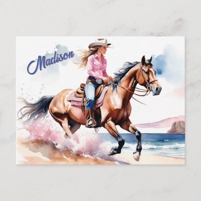 Cowgirl Horseback Riding on Beach by Ocean Custom Postkarte (Vorderseite)