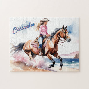 Cowgirl Horseback Riding on Beach by Ocean Custom Puzzle