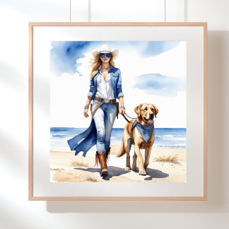 Cowgirl in Denim mit einem Hund am Strand Poster