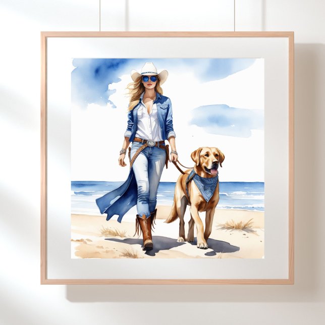 Cowgirl in Denim mit einem Hund am Strand Poster (Coastal cowgirl in denim walking on the beach with a dog)