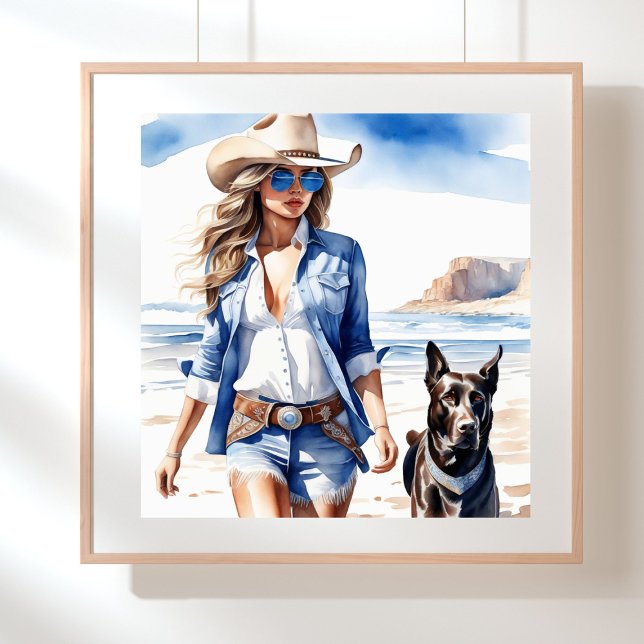 Cowgirl in Denim mit Hund am Strand Poster (Coastal cowgirl wearing denim shorts, sunglasses and a cowboy hat walking on the beach with a dog)