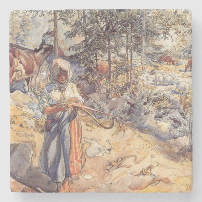 Cowgirl in the Meadow (Kind mit Landtieren) Steinuntersetzer (Vorderseite)