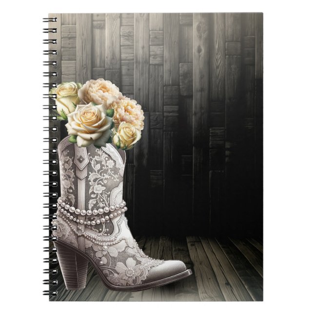 Cowgirl Lace & Pearls Stiefel Weiße Blume Rustikal Notizblock (Vorderseite)