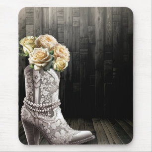 Cowgirl Lace & Pearls Stiefel Weiße Blumen Rustika Mousepad