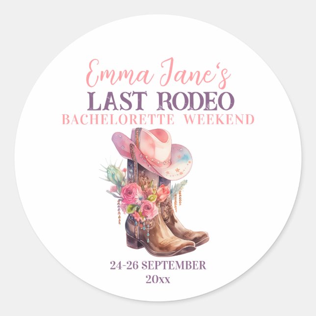 Cowgirl Last Rodeo Pink Bachelorette Runder Aufkleber (Vorderseite)