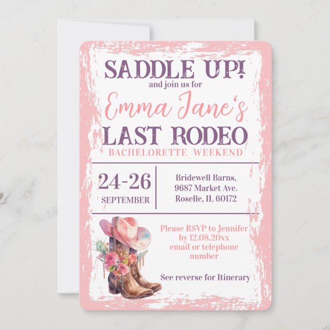 Cowgirl Last Rodeo Pink Bachelorette Wochenende Einladung (Vorderseite)