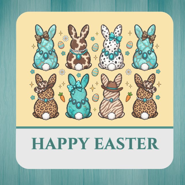 Cowgirl Leopard Print Blue Brown Easter Bunnies   Quadratischer Aufkleber (Von Creator hochgeladen)