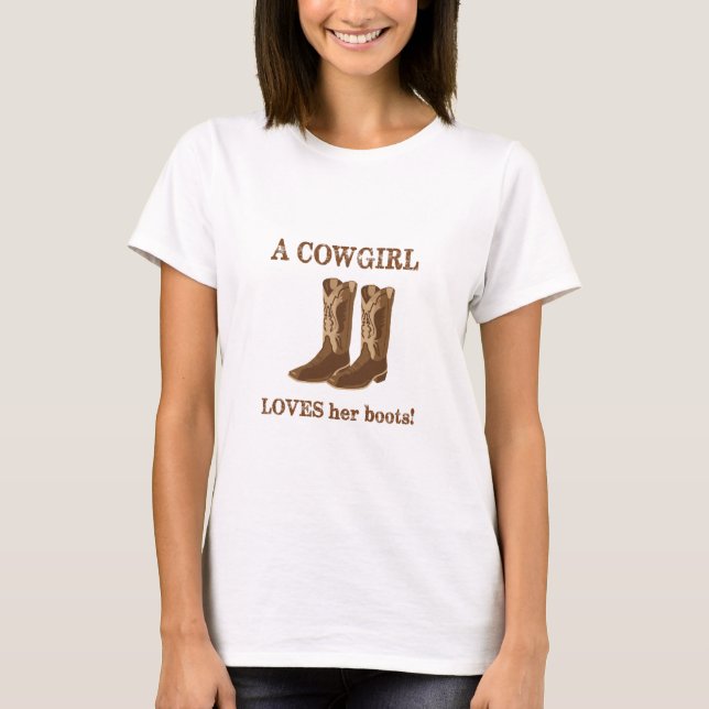 Cowgirl Lieben Ihre Stiefel Worte braun Western T-Shirt (Vorderseite)