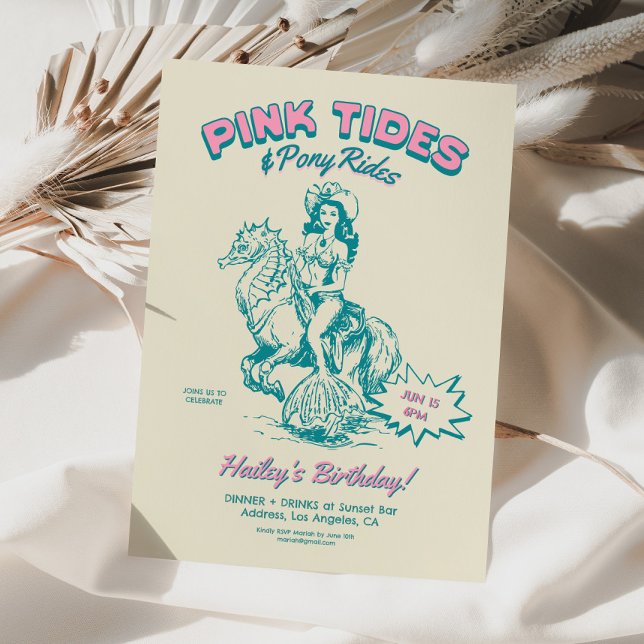 Cowgirl Mermaid Birthday Tides Pony Rides Einladung (coastal cowgirl invite, mermaid birthday invite, adult mermaid invite, pink cowgirl party, retro bir)