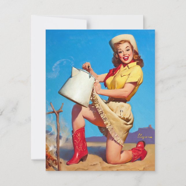 Cowgirl mit Kaffee-Button oben Einladung (Vorderseite)