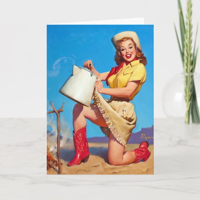 Cowgirl mit Kaffee-Button oben Karte (Vorderseite)