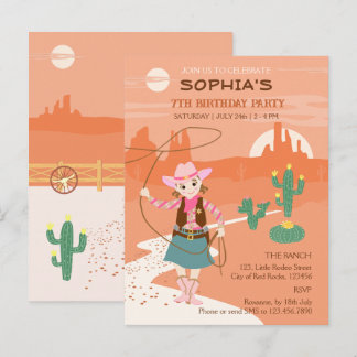 Cowgirl mit Lasso und Cacti Kindergeburtstag Party Einladungspostkarte