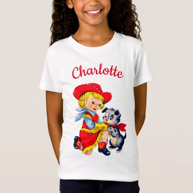 Cowgirl mit niedlichem Hund personalisierter Name  T-Shirt (Vorderseite)