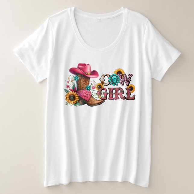 CowGirl mit Stiefeln und Blume Große Größe T-Shirt (Design vorne)