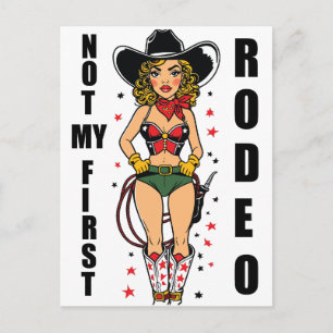 Cowgirl mit Zitat Nicht mein erstes Rodeo Postkarte