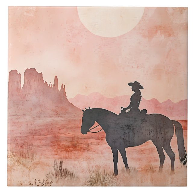 Cowgirl on Horse Southwestern Sunset Scene Fliese (Vorderseite)
