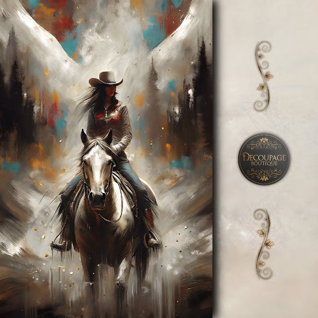 Cowgirl on White Horse Trail Decoupage Seidenpapier (Cowgirl on White Horse Trail Decoupage Tissue Paper)