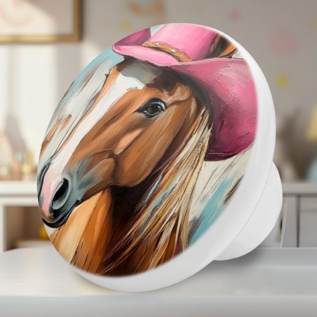 Cowgirl Pferd mit Pink Hat Keramik Knob Keramikknauf (Ceramic Knob - Artsy Western Horse in a Pink Cowgirl Hat - Accent for Girls Room)