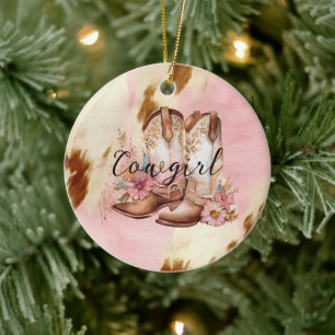 Cowgirl Pink Cream Brown Cowhide Blumenstiefel Keramik Ornament