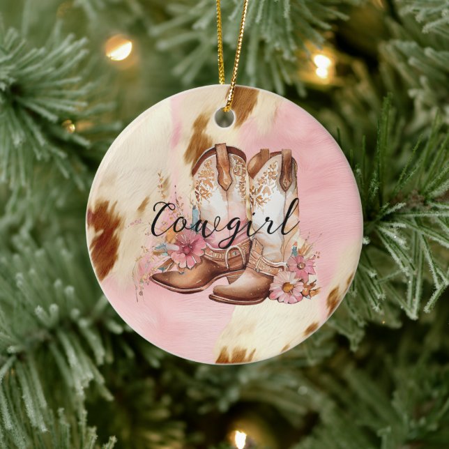 Cowgirl Pink Cream Brown Cowhide Blumenstiefel Keramik Ornament (Baum)