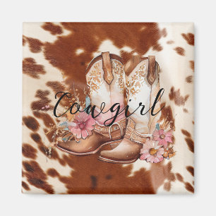 Cowgirl Pink Cream Brown Cowhide Blumenstiefel Magnet