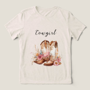 Cowgirl Pink Cream Brown Cowhide Blumenstiefel Tri-Blend Shirt