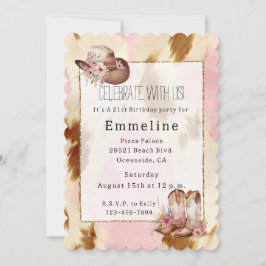 Cowgirl Pink Cream Brown Cowhide Hat Boots Einladung