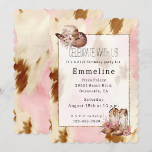 Cowgirl Pink Cream Brown Cowhide Hat Boots Einladung