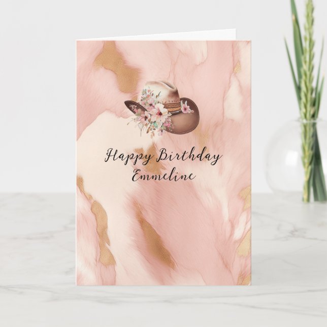 Cowgirl Pink Cream Brown Cowhide Hat & Boots Karte (Vorderseite)