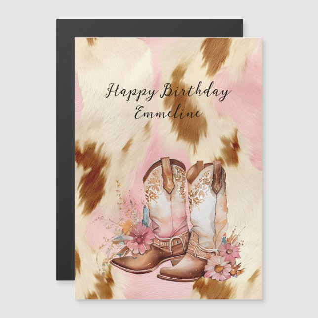 Cowgirl Pink Cream Brown Cowhide Hat & Boots Magnetkarte (Vorne/Hinten)