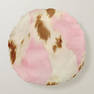 Cowgirl Pink Cream Brown Cowhide Rundes Kissen
