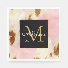 Cowgirl Pink Creme Brown Cowhide Gold Monogramm Serviette