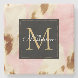 Cowgirl Pink Creme Brown Cowhide Gold Monogramm Steinuntersetzer