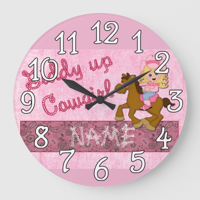 Cowgirl Pink Western Design Wall Clock Große Wanduhr (Vorderseite)