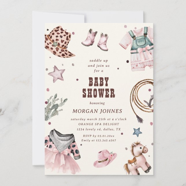 Cowgirl Pink Western Rodeo Kinderdusche Einladung (Vorderseite)