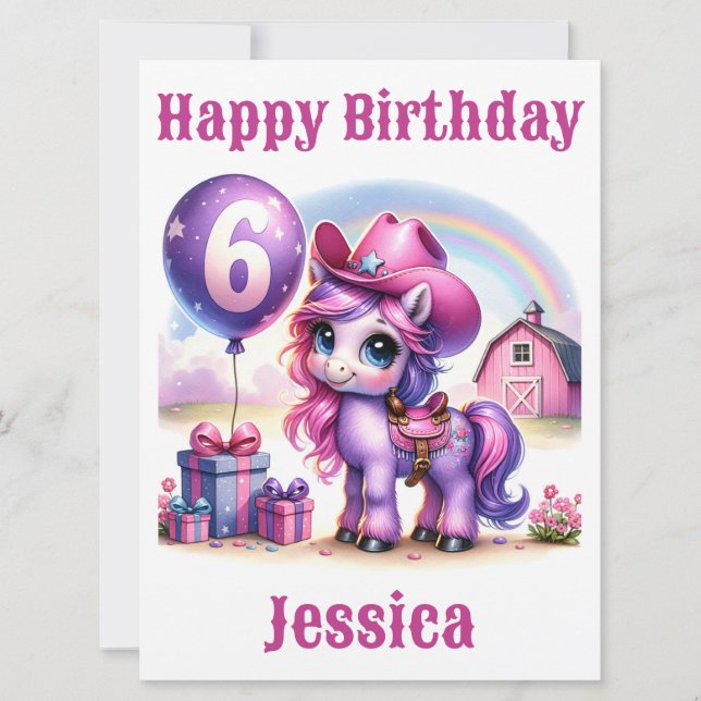 Cowgirl Pony 6-jährige Geburtstagskarte (Vorderseite)
