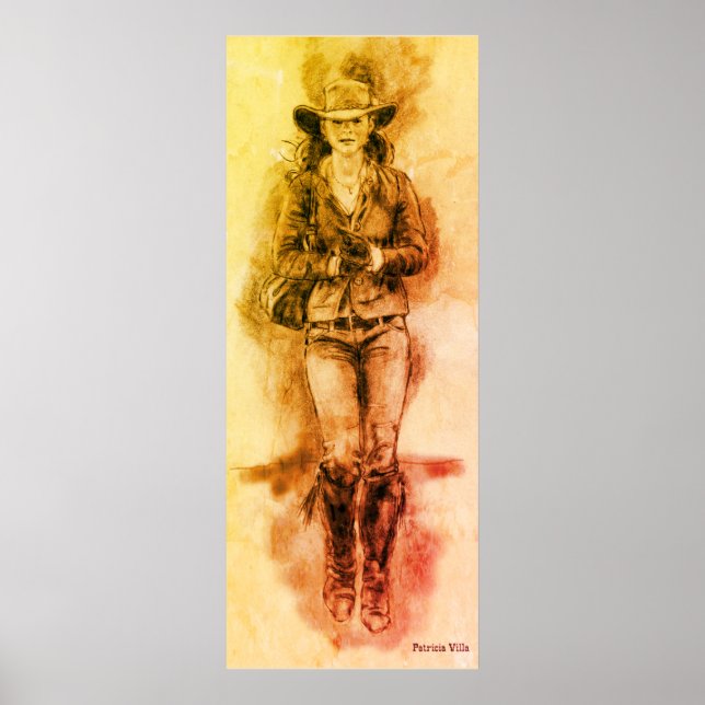 Cowgirl realistisch Zeichnend Jeans Hat Boots Poster (Vorne)