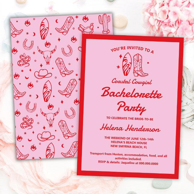 Cowgirl Red & Pink Bachelorette Weekend Einladung (Coastal Cowgirl Red & Pink Bachelorette Weekend Invitation
)