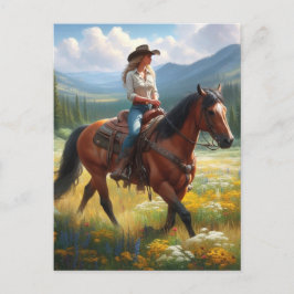 Cowgirl Reiten Pferd durch Wildblumen Postkarte