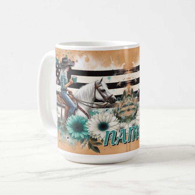 Cowgirl Reiten Pferd mit Blumen und Western Kaffeetasse (Vorderseite Links)