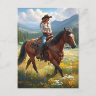 Cowgirl reitet auf einem Pferd durch Wildblumen Po Postkarte