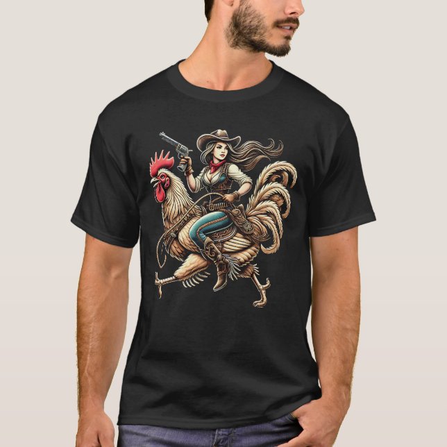 Cowgirl Riding Chicken Rooster Lover Vintage T-Shirt (Vorderseite)