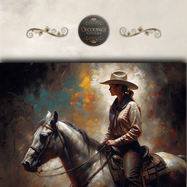 Cowgirl Riding White Horse Sunset Decoupage Seidenpapier (Cowgirl Riding White Horse Sunset Decoupage Tissue Paper)