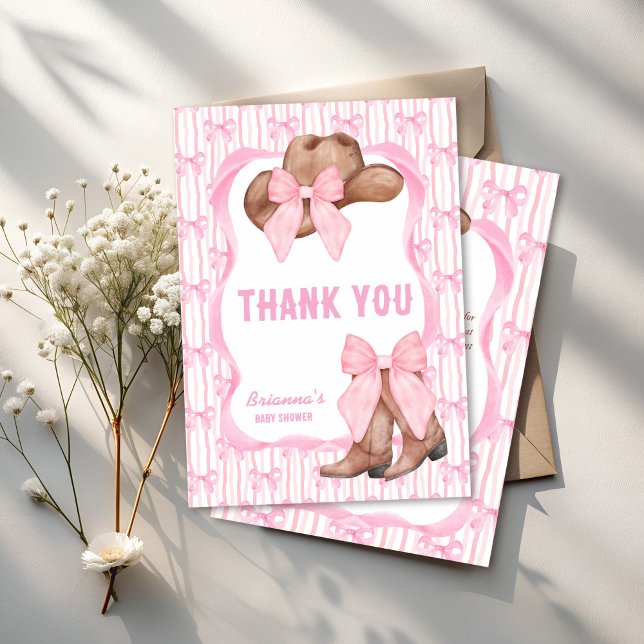 Cowgirl Rosa Bugband Girls Babydusche Dankeskarte (Cowgirl pink bow ribbon coquette western girls baby shower thank you cards boots and bows)