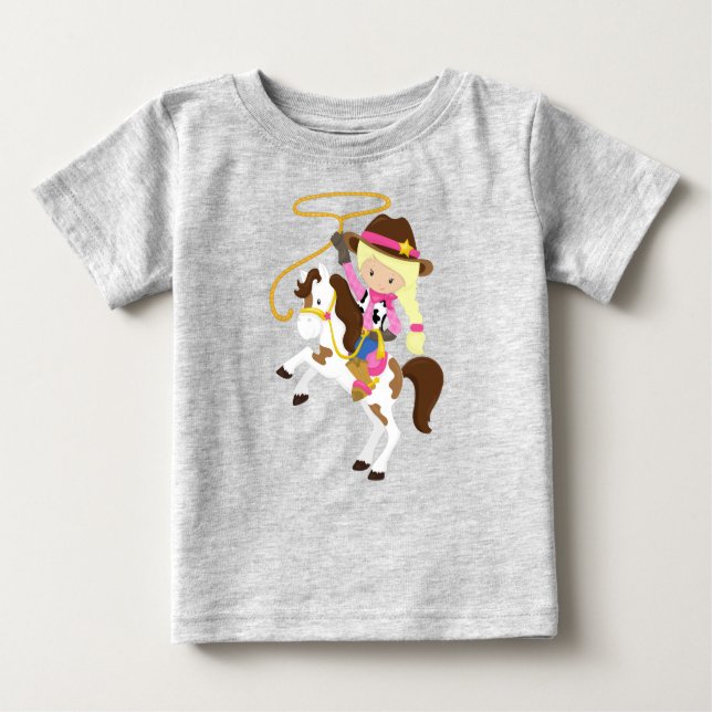 Cowgirl, Sheriff, Pferd, Lasso, Blonde Hair Baby T-shirt (Vorderseite)
