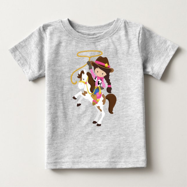 Cowgirl, Sheriff, Pferd, Lasso, Braunhaar Baby T-shirt (Vorderseite)