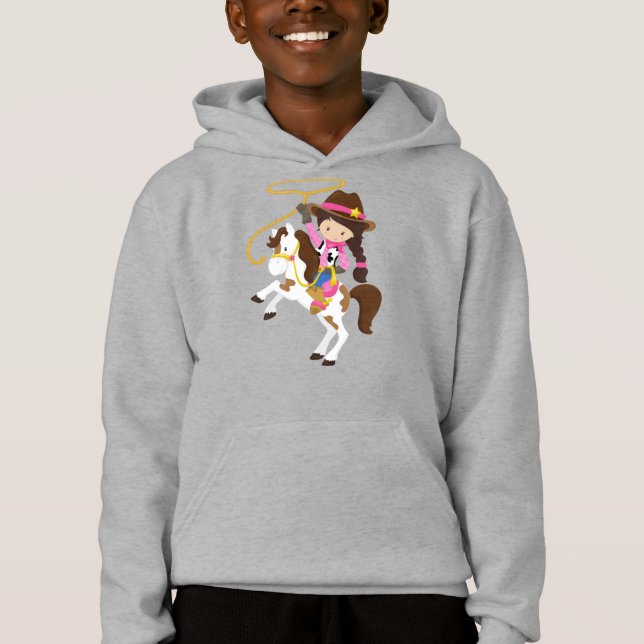 Cowgirl, Sheriff, Pferd, Lasso, Braunhaar Hoodie (Vorderseite)