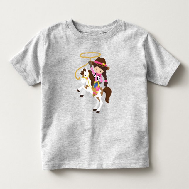 Cowgirl, Sheriff, Pferd, Lasso, Braunhaar Kleinkind T-shirt (Vorderseite)