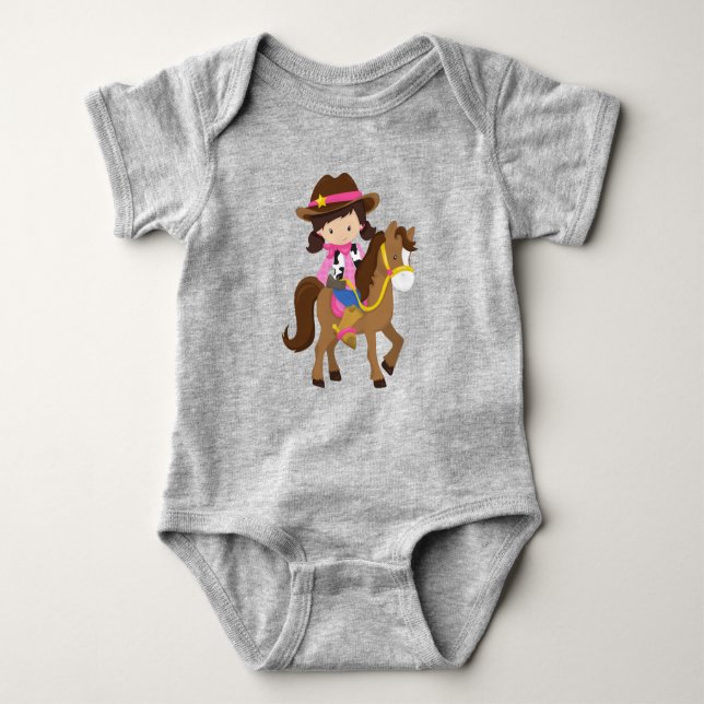 Cowgirl, Sheriff, Pferd, Western, Braunhaar Baby Strampler (Vorderseite)