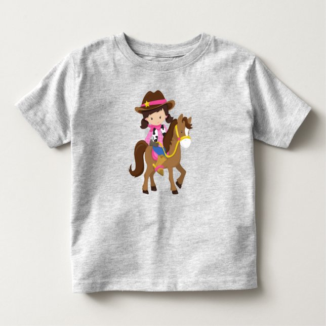 Cowgirl, Sheriff, Pferd, Western, Braunhaar Kleinkind T-shirt (Vorderseite)